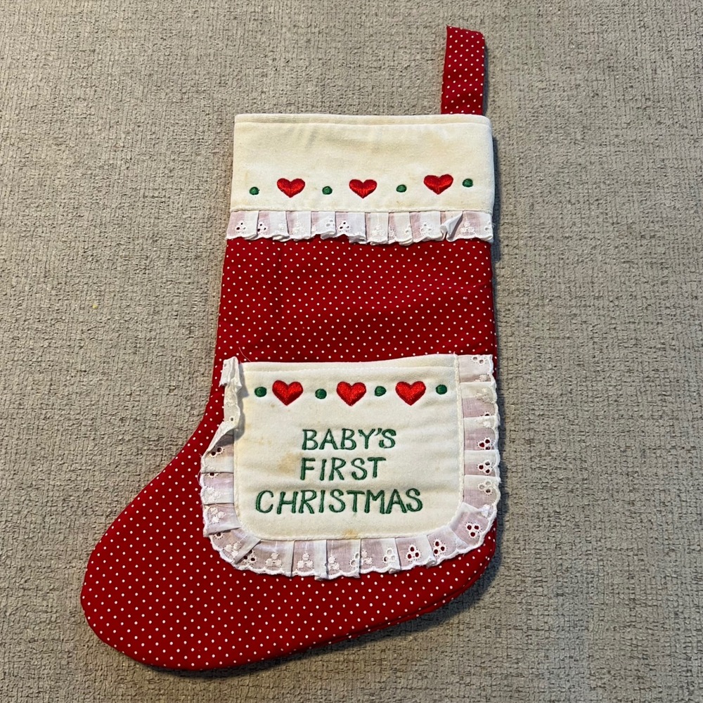 Vintage Babys First Christmas Stocking Red Polka Dot Eyelet Lace Hearts Pocket